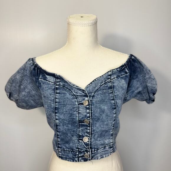 Denim Crop Top Puff Sleeve Women’s XL Acid Y2K Western Coquette Festival Rodeo - Picture 11 of 16
